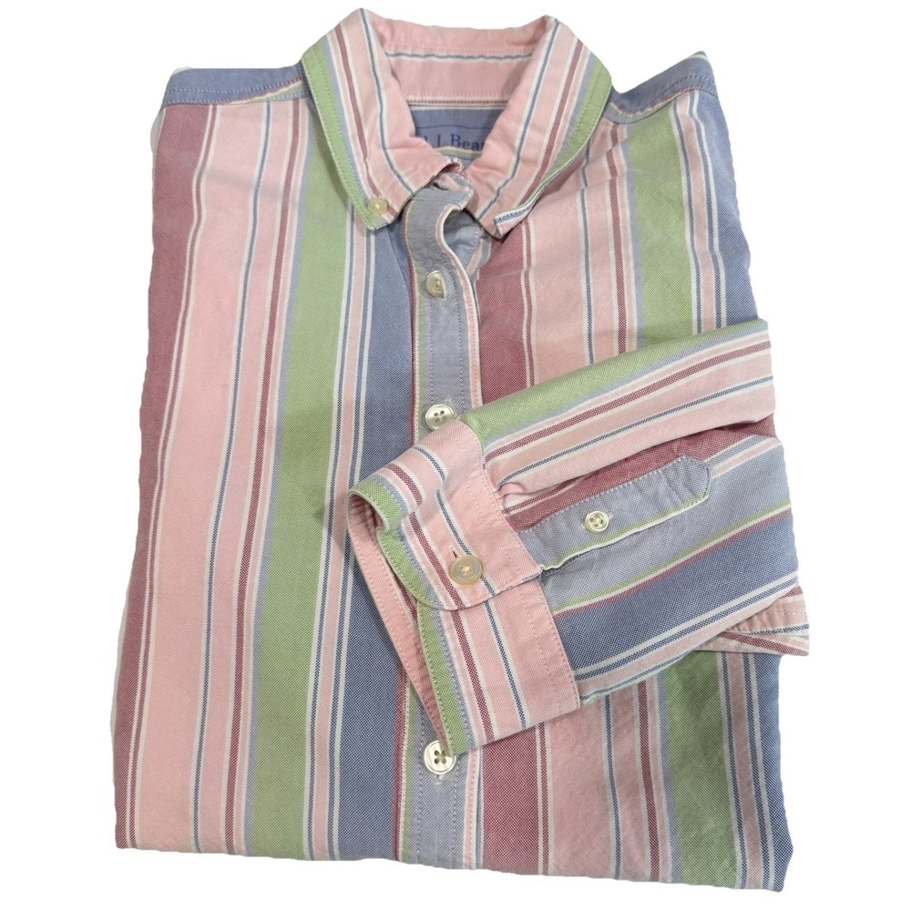 LL Bean Womens Colorful Stripe Wrinkle Free 3/4 Sleeve Oxford Button Up Shirt XS
